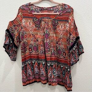BILA Boho Peasant‎ Blouse Cold Shoulder Floral Paisley Crochet Size XXL